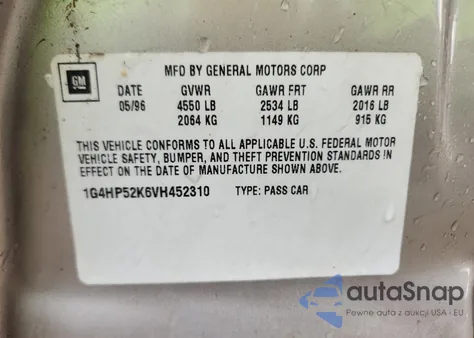 1997 Buick Lesabre Custom из США, поврежденный, VIN 1G4HP52K6VH452310